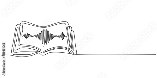 Audio Book Multicolor Line Icon with Editable Stroke, Continuous one line drawing of audiobook online service concept. Open book and soundbar with voices wave for symbol library in simple linear style