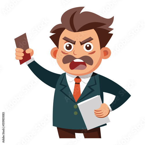 Cartoon man in suit holding red card and paper with anger