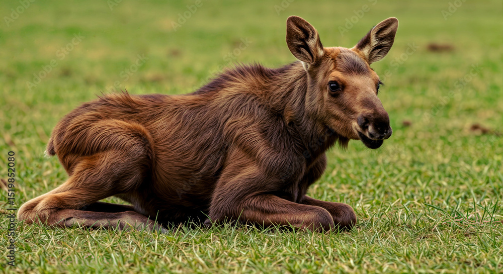 Fototapeta premium A cute baby moose (Alces alces) lying peacefully in green grass
