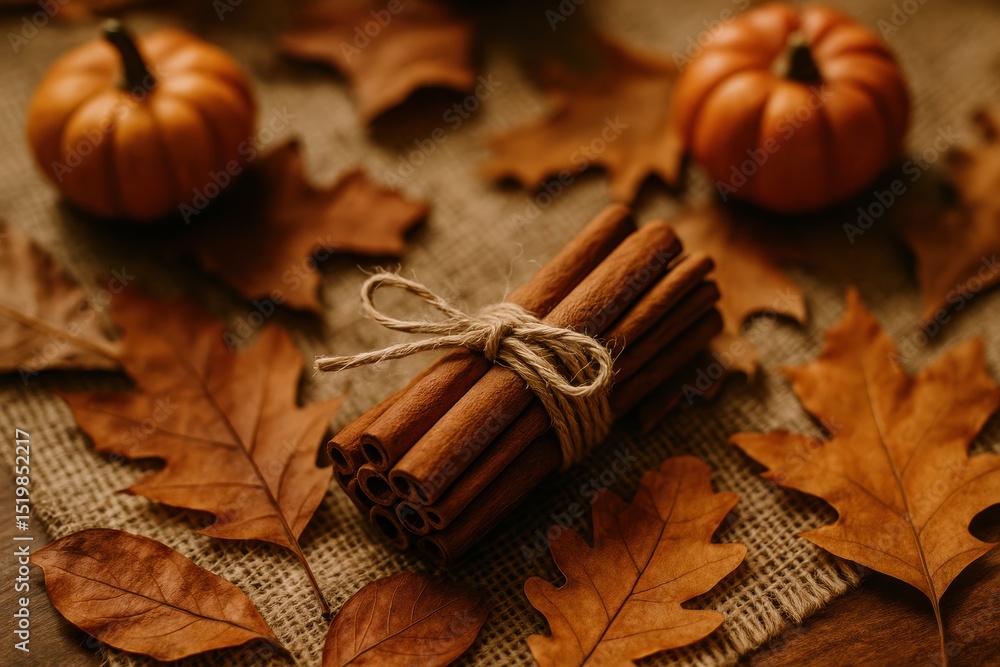Fototapeta premium Fall-themed flat lay with cinnamon sticks, leaves, and pumpkins on rustic background