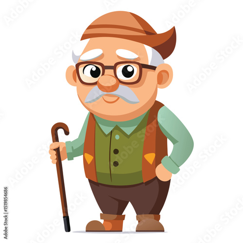 Cartoon illustration of an old man with a walking stick