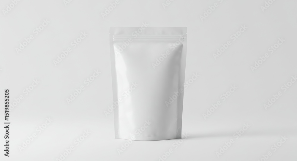 Blank white plastic pouch, likely for food or drink Blank white plastic pouch, likely for food or drink