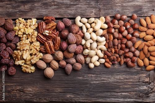 Assorted nuts arranged on wooden table in a natural setting  