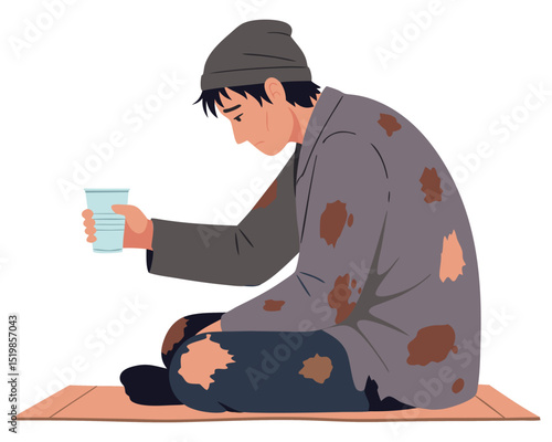 A Man in Despair Seated on the Ground Holding a Cup in a State of Poverty and Need for Charity
