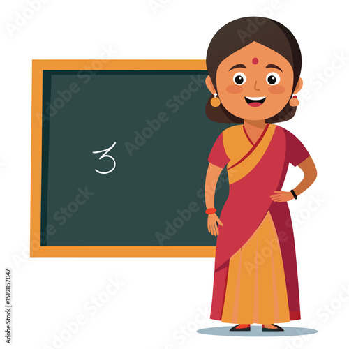 Woman teaching near the blackboard with number three drawn