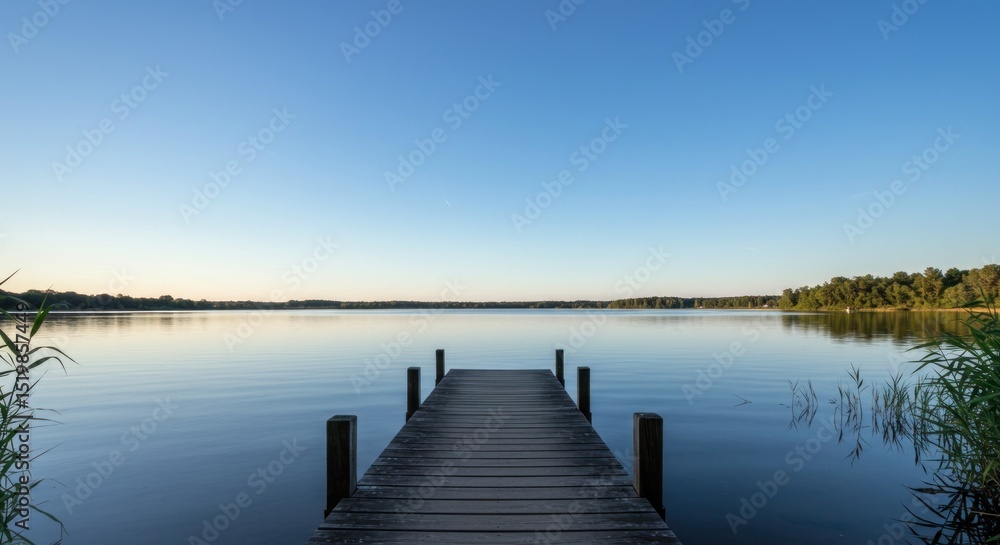 Fototapeta premium Calm wooden pier extending into a serene lake at dawn