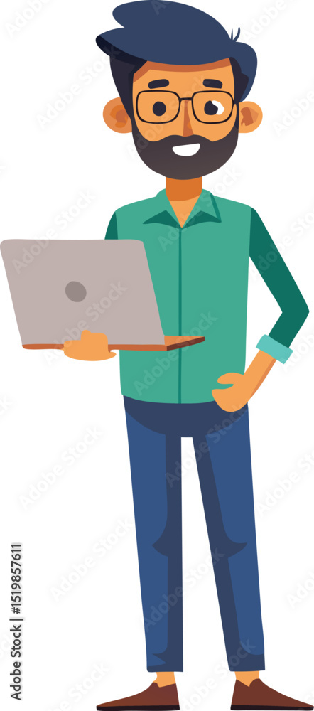 Obraz premium Man standing holding a laptop wearing glasses and beard