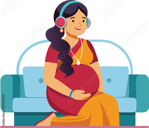 Pregnant woman listening to music on a couch illustration