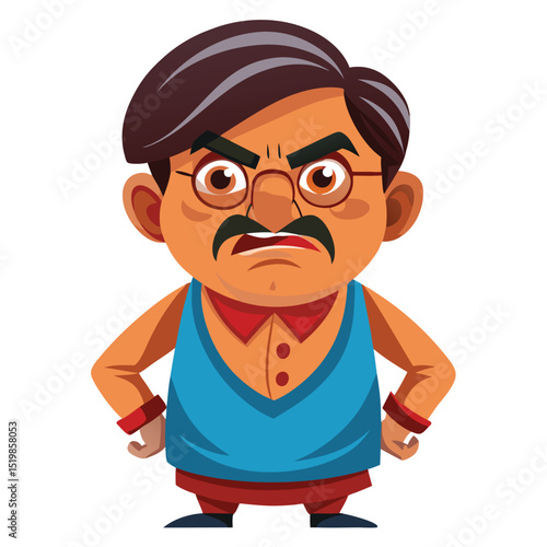 Cartoon man with mustache and glasses looking angry at viewer