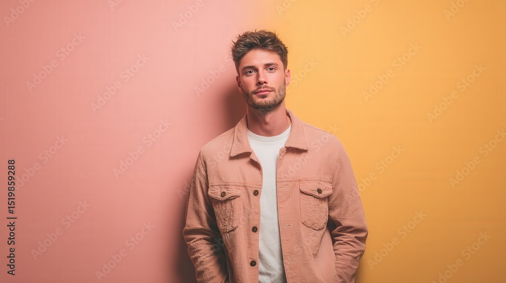 Fototapeta premium Stylish Young Man Posing Against a Colorful Background in a Modern Fashion Setting