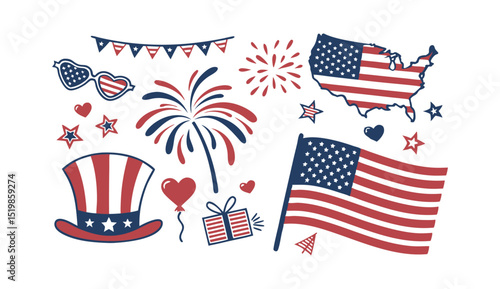 4th of July Icon Collection Featuring Uncle Sam Hat, Fireworks, Flag, and Party Decorations for American Independence Day