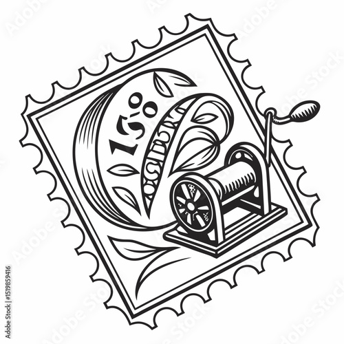 Vintage Stamp Depicting a Winding Machine and Floral Elements in Black and White