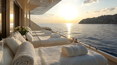 Luxurious Outdoor Lounge Area on Yacht with Soft Towels at Sunset by Calm Sea