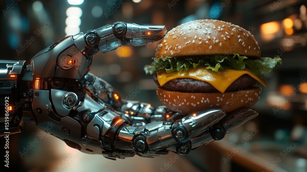 Fototapeta premium Robotic hand holding a burger