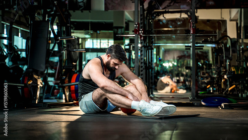 Exhausted man resting on gym floor after intense workout with medicine ball, symbolizing perseverance, physical fatigue, mental focus, and athletic commitment.