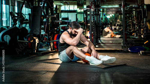 Tired man sitting on gym floor with head down after intense workout with medicine ball, symbolizing burnout, exhaustion, and physical determination.