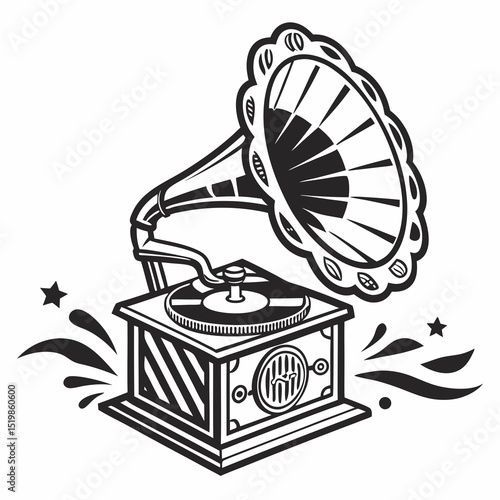 Vintage Gramophone Illustration in Black and White Ornate