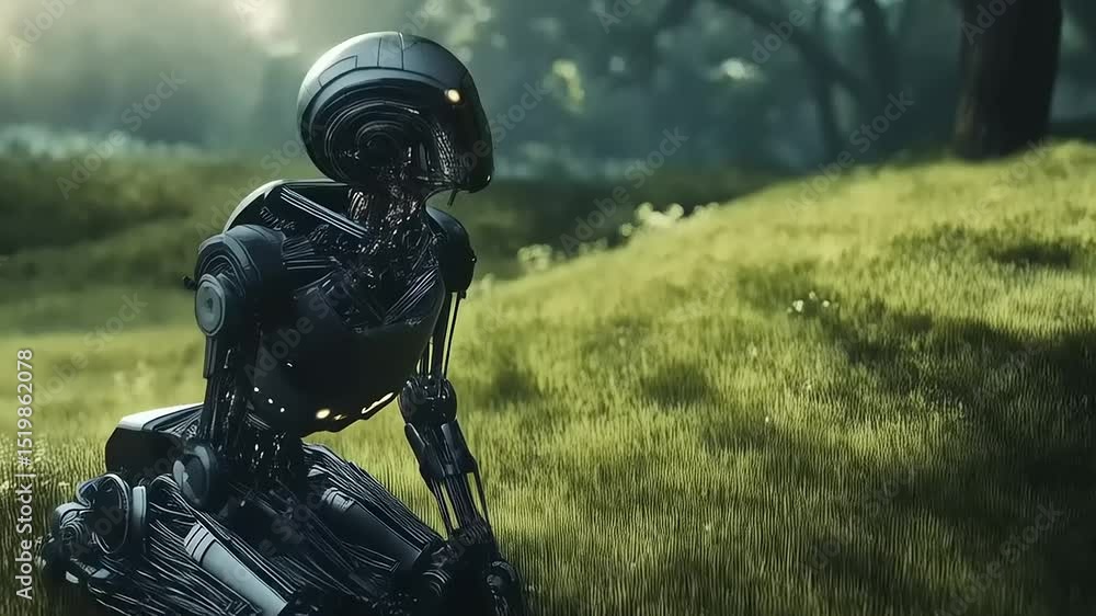Synthetic Being in Verdant Meadow Contemplating Existence Near Ancient Forest Synthetic Being in Verdant Meadow Contemplating Existence Near Ancient Forest