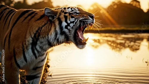Majestic tiger roaring near a serene water body at sunset, showcasing its powerful presence in a vibrant natural habitat - tiger roaring video