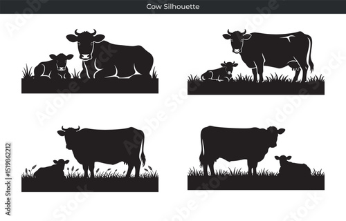Black cow silhouettes featuring mother and calf animals in various poses on grassy ground