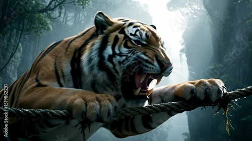 A fierce tiger growls while gripping a thick vine in a lush, misty jungle, showcasing its power and the beauty of wildlife - tiger roaring video