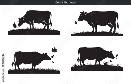 Elegant black cow silhouettes grazing and interacting with falling leaves on white backgrounds