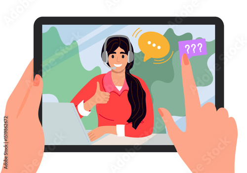 Call center, hotline video call by tablet. Customer support department staff, telemarketing agent. Vector illustration. 