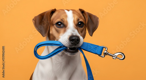Dog holding blue leash in mouth against orange background  