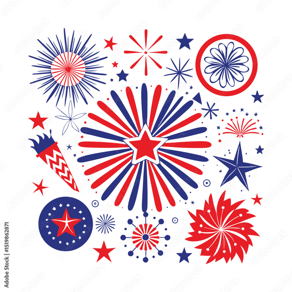 Fototapeta premium Firework and starburst design in red, white, and blue for July 4th and US Independence Day. Perfect for posters, invitations, celebration banners, and patriotic digital graphics.