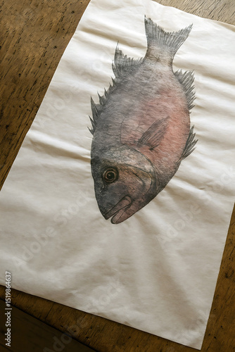 Detailed Gyotaku fish print on rice paper, with visible ink textures and imperfections, placed on a wooden table surface.