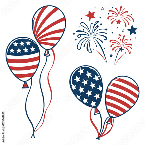 Set of patriotic balloons with stars and stripes in red and blue. Vector design for USA 4th of July and Independence Day events, celebrations, cards, party decorations, and national holidays.