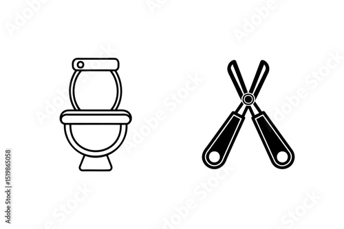 Toilet icon and nail clippers in black and white outline on a clean white background