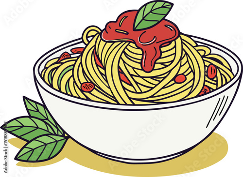 Vector cartoon of a bowl filled with spaghetti topped with tomato sauce and basil, ideal for Italian restaurant branding, food blog illustrations, or pasta recipe content