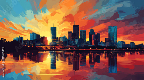 2551105565 This illustration features the striking Minneapolis, Minnesota skyline silhouetted against a vivid, warm sunset backdrop.
