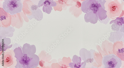 Watercolor floral frame with soft pink and purple flowers, textured paper background, copy space