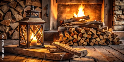 Illuminated lantern's warm glow near a cozy fireplace and a stack of firewood on rustic wooden floor