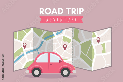 road trip adventure travel concept with car and street map vector illustration