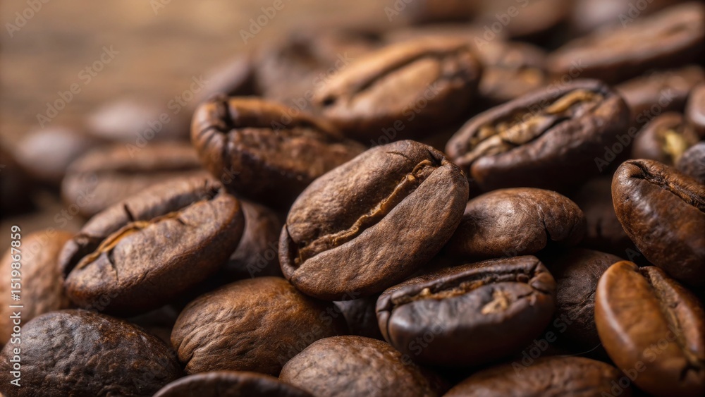 Obraz premium Macro shot of freshly roasted coffee beans showing rich textures and details ideal for food and beverage related designs
