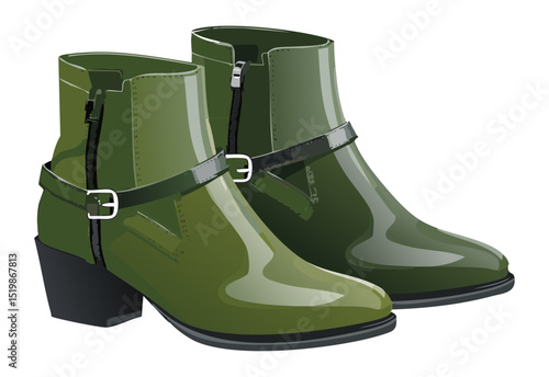 Elegant Green Buckle Ankle Boots Pair