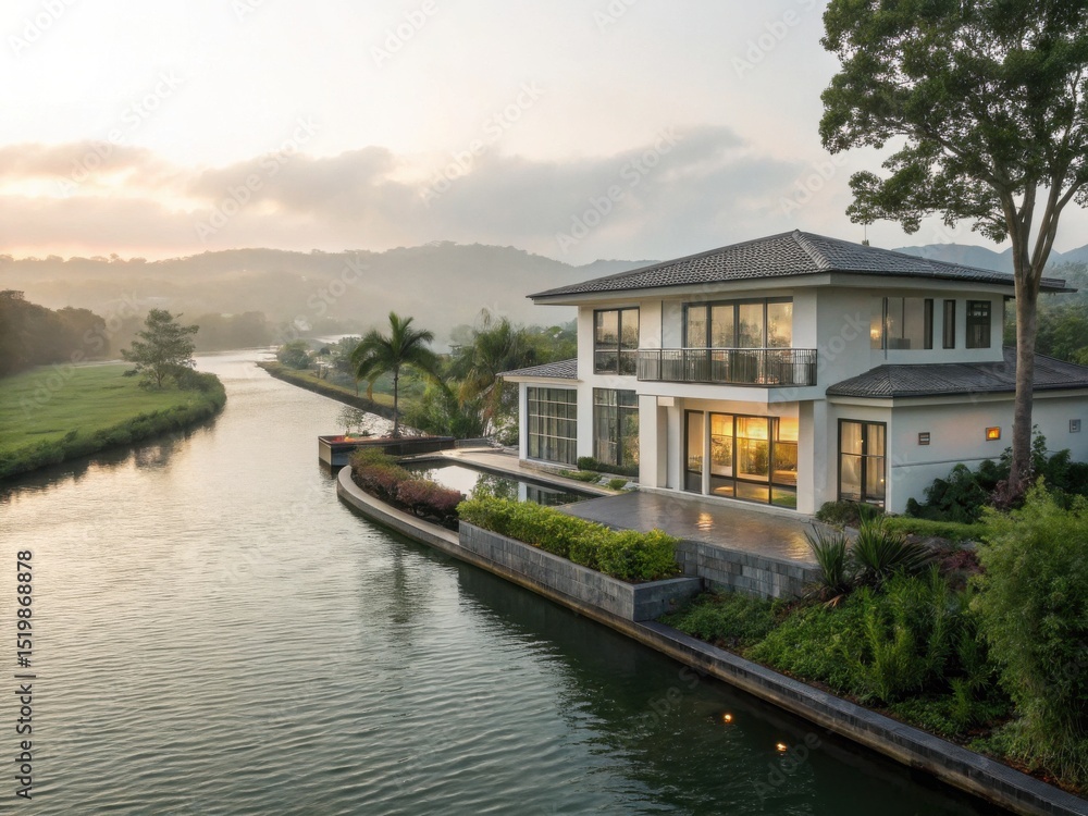 Luxurious waterfront villa in a tropical paradise architectural design with stunning river views at dawn Luxurious waterfront villa in a tropical paradise architectural design with stunning river views at dawn