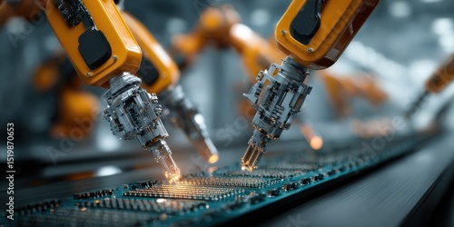 A High Resolution image of advanced robot arms precisely place microchips on circuit boards in hi-tech factory. Automated assembly line shows precision, efficiency in modern.