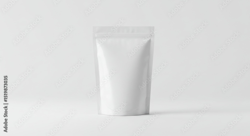 Empty white plastic pouch, clean, minimalist, food grade Empty white plastic pouch, clean, minimalist, food grade