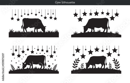 Silhouette cows grazing on grass under starry sky vector illustrations for design