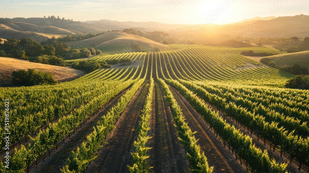 Golden Hour Vineyard: Aerial View of Rolling Hills and Lush Grapevines Bathed in Sunset Light Golden Hour Vineyard: Aerial View of Rolling Hills and Lush Grapevines Bathed in Sunset Light