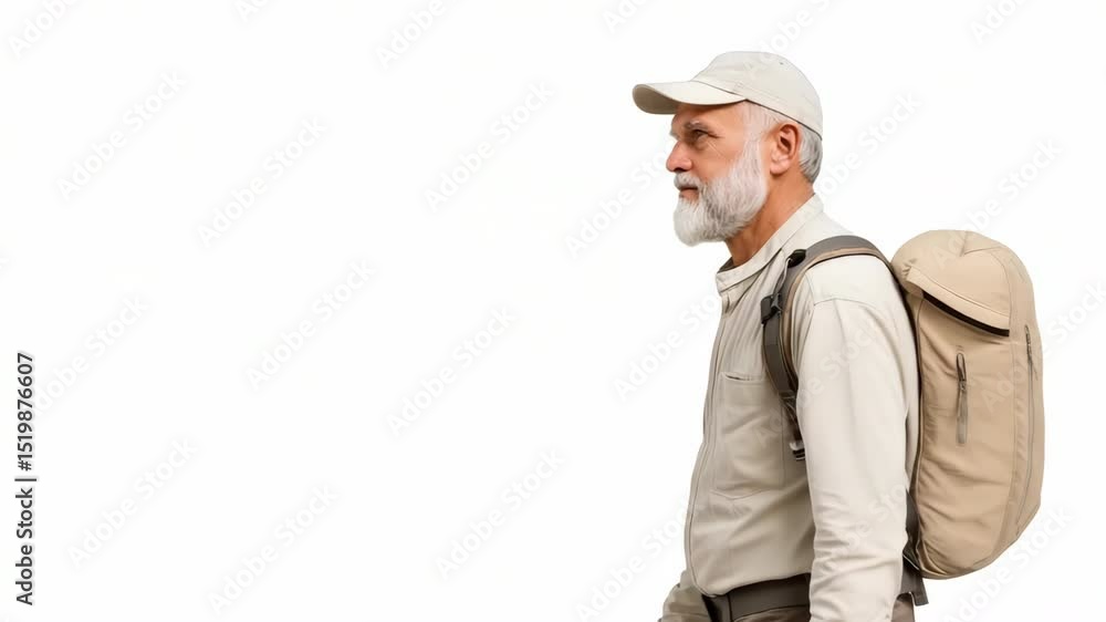 Mature caucasian male hiker with backpack in profile on white background Mature caucasian male hiker with backpack in profile on white background