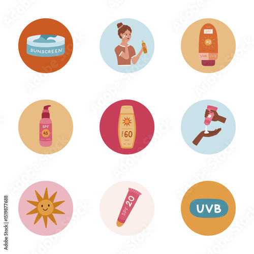 Lovely set of round cover icons with sunscreen cartoon clipart. Childish highlights for different social media, blogs, business. Icon pack for stories with lady with sunblock, summery sun, SPF cream.