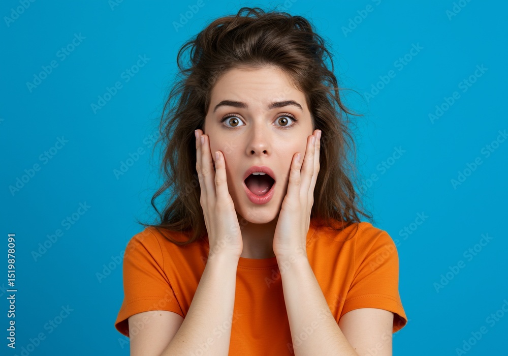 Shocked woman looking surprised with hands on cheeks, on plain, vibrant background Shocked woman looking surprised with hands on cheeks, on plain, vibrant background