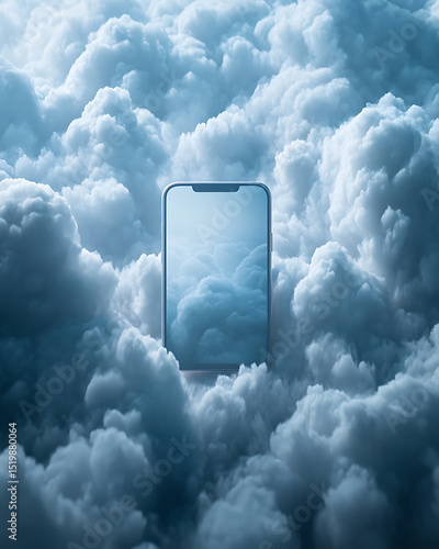 Smartphone Mockup Surrounded by Dreamy White Fluffy Clouds