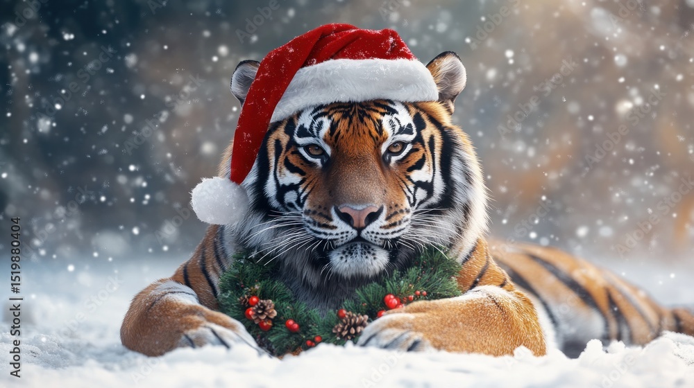 Tiger wearing santa hat in snow Tiger wearing santa hat in snow