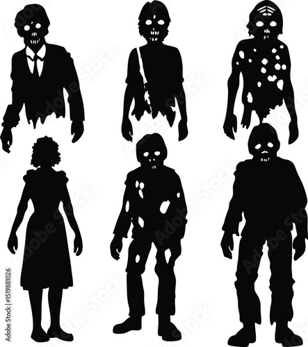 Black Silhouette Set of Undead Zombies for Halloween Horror Theme